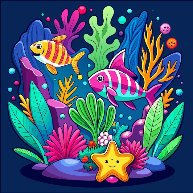 ベクトル 水中動物 海の植物と魚 手描きのマスコット アニメキャラクターのステッカー