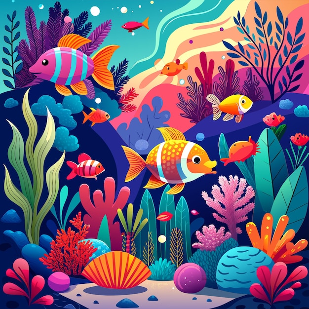 ベクトル 水中動物 海の植物と魚 手描きのマスコット アニメキャラクターのステッカー