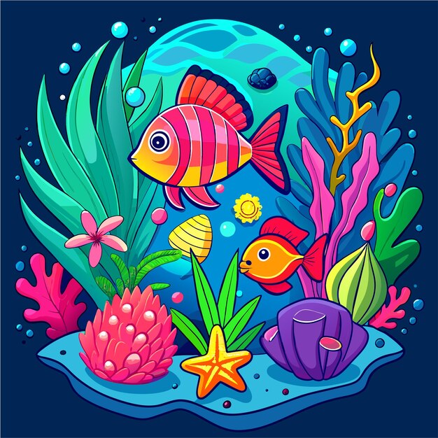 Underwater sea animals marine plants and fishes hand drawn mascot cartoon character sticker