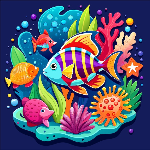 Vector underwater sea animals marine plants and fishes hand drawn mascot cartoon character sticker