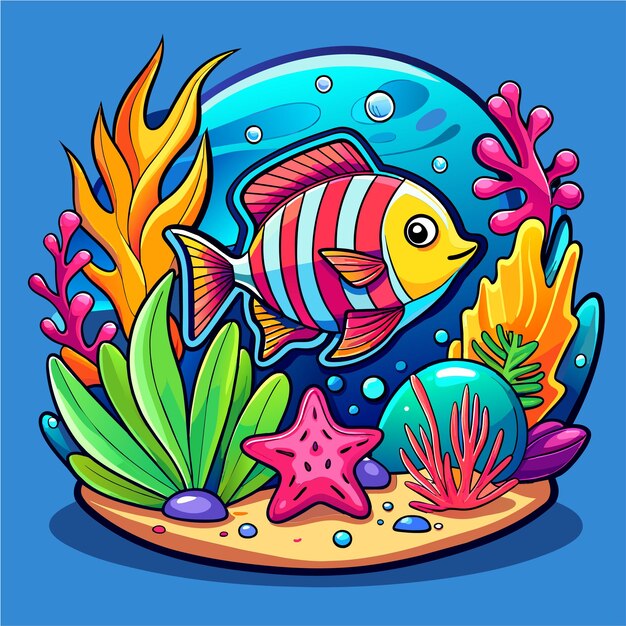 Underwater sea animals marine plants and fishes hand drawn mascot cartoon character sticker