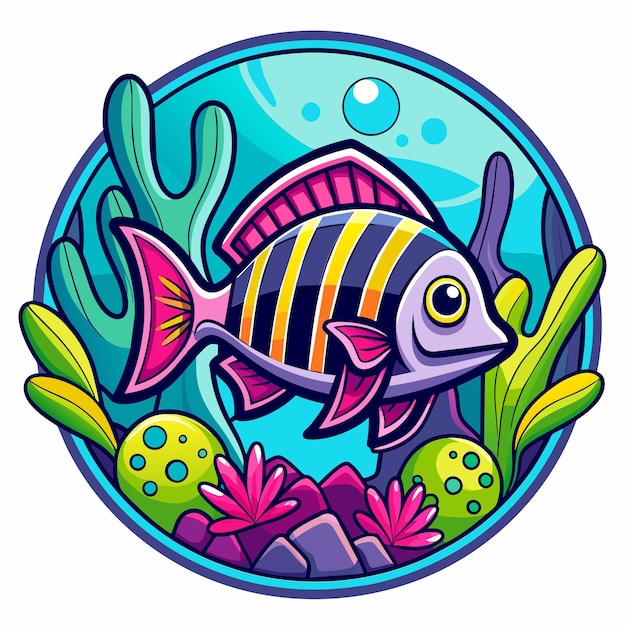 Underwater sea animals marine plants and fishes hand drawn mascot cartoon character sticker