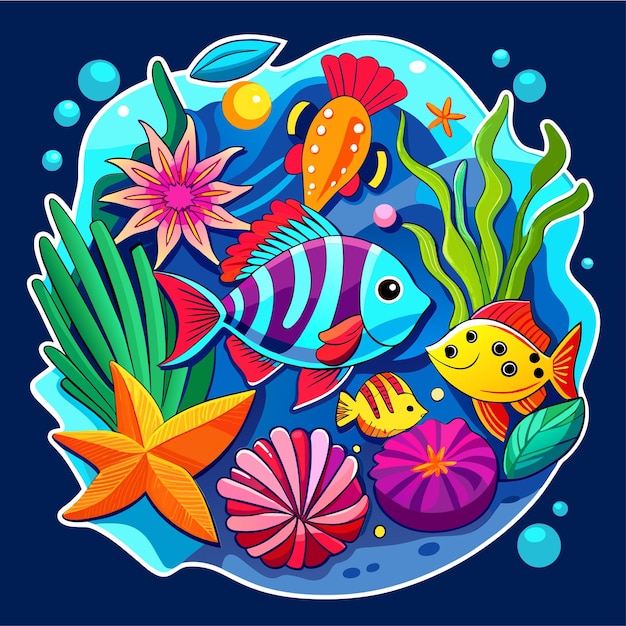 Vector underwater sea animals marine plants and fishes hand drawn mascot cartoon character sticker