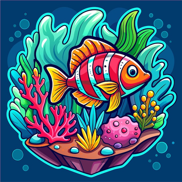 Underwater sea animals marine plants and fishes hand drawn mascot cartoon character sticker