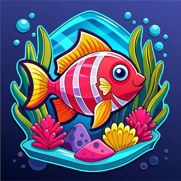 Underwater sea animals marine plants and fishes hand drawn mascot cartoon character sticker