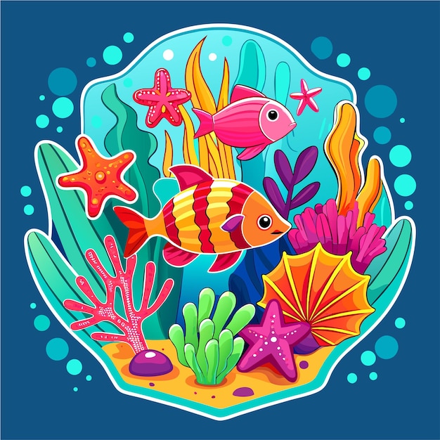 Underwater sea animals marine plants and fishes hand drawn mascot cartoon character sticker