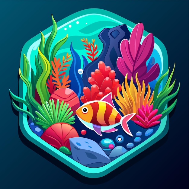 Vector underwater sea animals marine plants and fishes hand drawn mascot cartoon character sticker