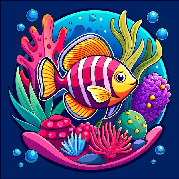 Underwater sea animals marine plants and fishes hand drawn mascot cartoon character sticker