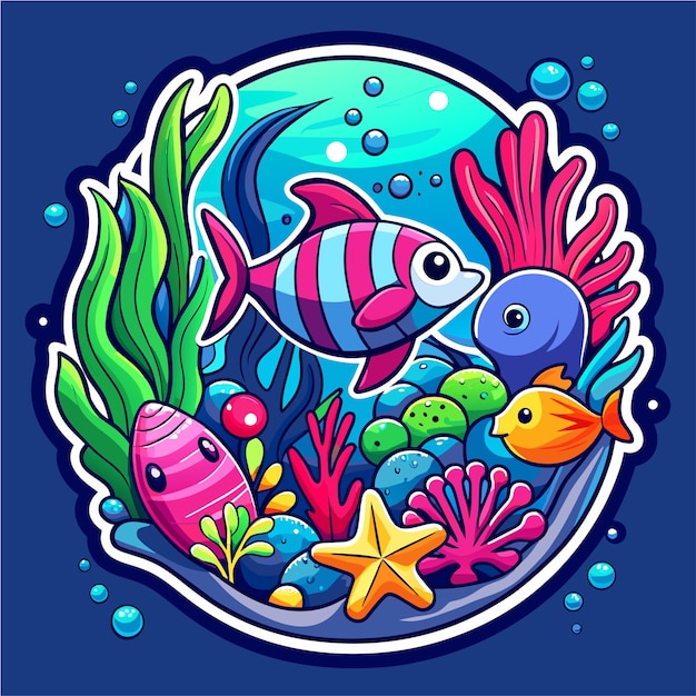 Underwater sea animals marine plants and fishes hand drawn mascot cartoon character sticker