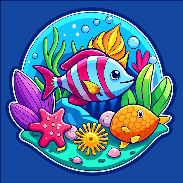 Vector underwater sea animals marine plants and fishes hand drawn mascot cartoon character sticker