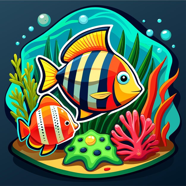 Underwater sea animals marine plants and fishes hand drawn mascot cartoon character sticker