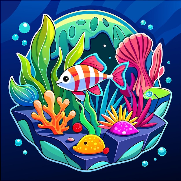 Vettore animali marini sottomarini piante marine e pesci mascotte disegnate a mano adesivo di personaggi dei cartoni animati