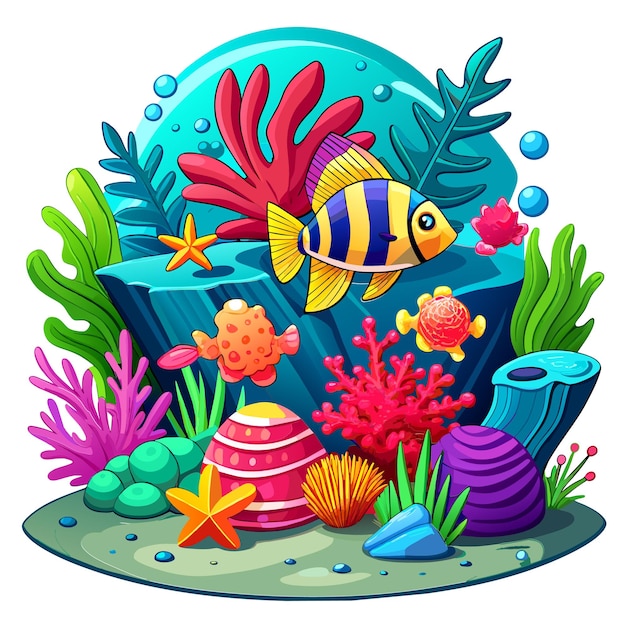 Underwater sea animals marine plants and fishes hand drawn mascot cartoon character sticker