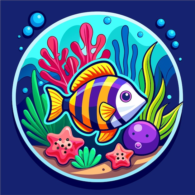 Underwater sea animals marine plants and fishes hand drawn mascot cartoon character sticker