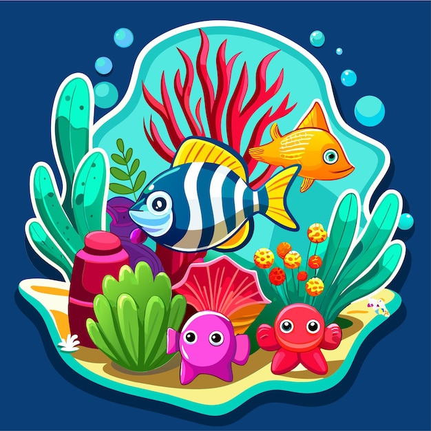 Underwater sea animals marine plants and fishes hand drawn mascot cartoon character sticker