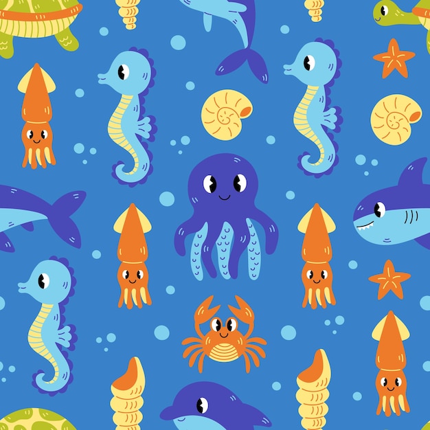 Подводные морские животные бесшовный рисунок детская векторная иллюстрация