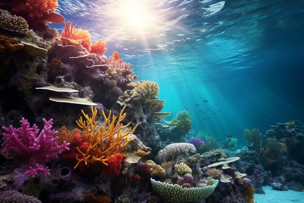 ベクトル 海底の背景はサンゴ礁で 深い青い海の海底の風景 カートゥーンスタイル