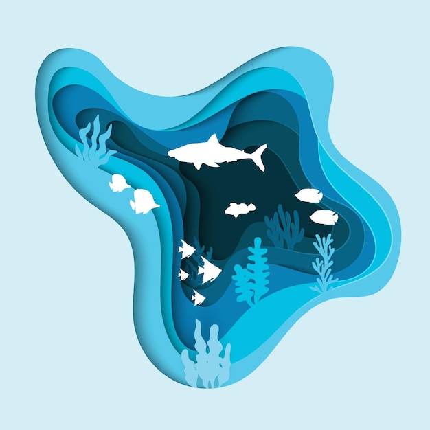 Underwater sea cave and fishes with paper cut style