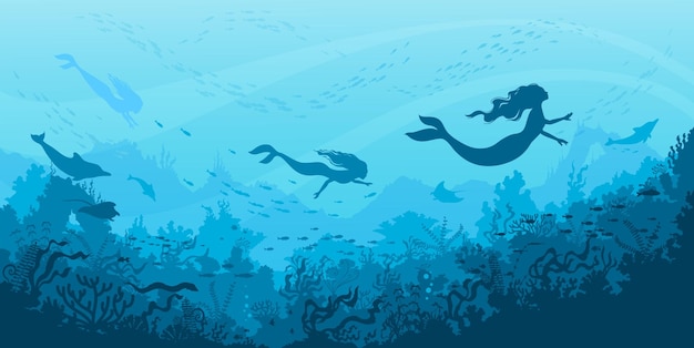 인어 실루엣 만화 동화 해저 벡터 배경 수중 바다 풍경 돌고래 가오리와 바다에서 물고기와 인어의 수중 실루엣과 바다 환상의 세계