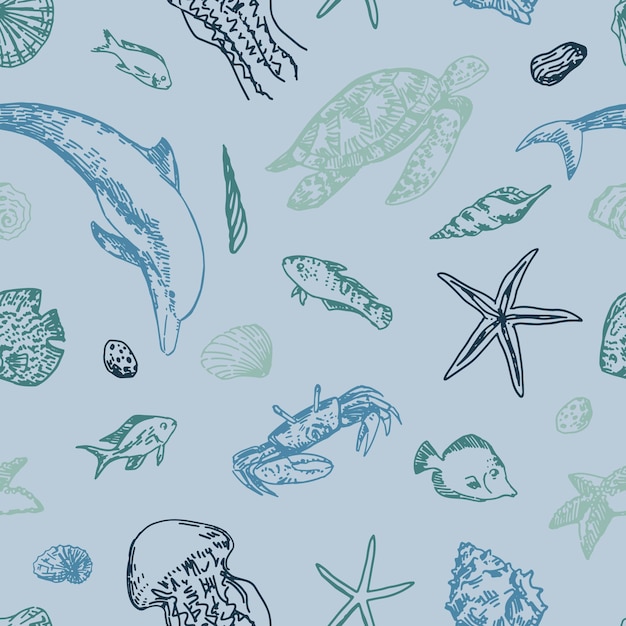 Underwater sea life vector seamless pattern Exotic fish dolphin starfish shells crab turtle jellyfish outline drawings Abstract ornament of tropical ocean animals