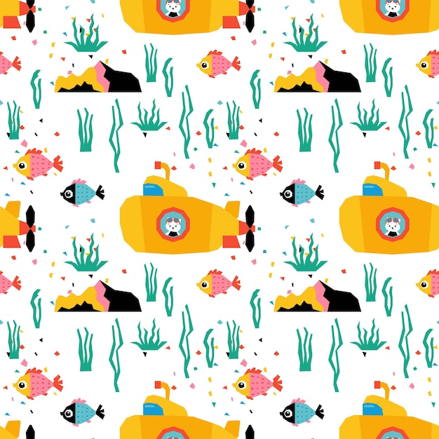 Underwater seamless pattern with cute fish, animals and yellow submarine.