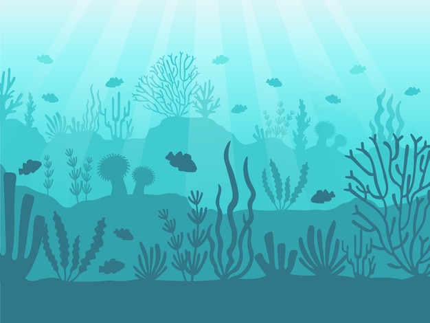 Underwater seascape. Ocean coral reef, deep sea bottom and swimming under water. Marine corals illustration