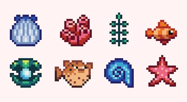 Underwater seashore creatures pixel art set Seashells starfish clam coral seaweed fishes