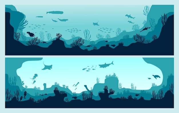 Vettore silhouette sottomarina sfondo barriera corallina pesci marini e alghe marine scena dei cartoni animati