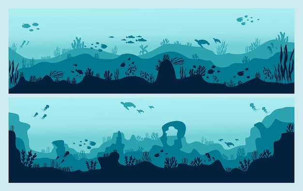 Vector underwater silhouette background coral reef sea fish and marine algae cartoon scene