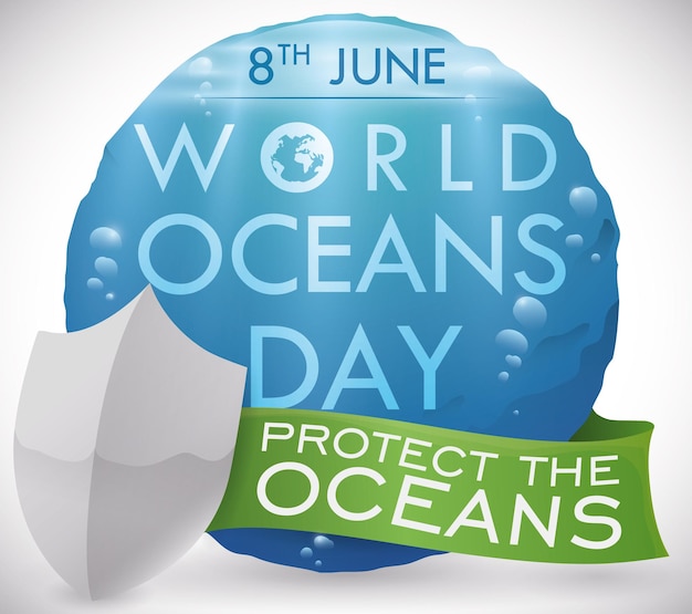 Underwater view in button shield and ribbon for World Oceans Day