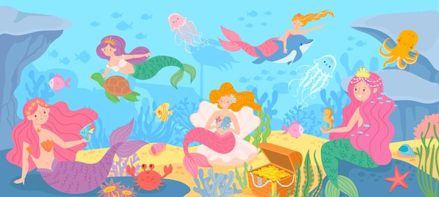 人魚と一緒に水中。神話上の王女と海の生き物、海藻と貝殻、タコ、宝物漫画のベクトルの背景と海底。美しいファンタジーおとぎ話の女の子、海洋生物