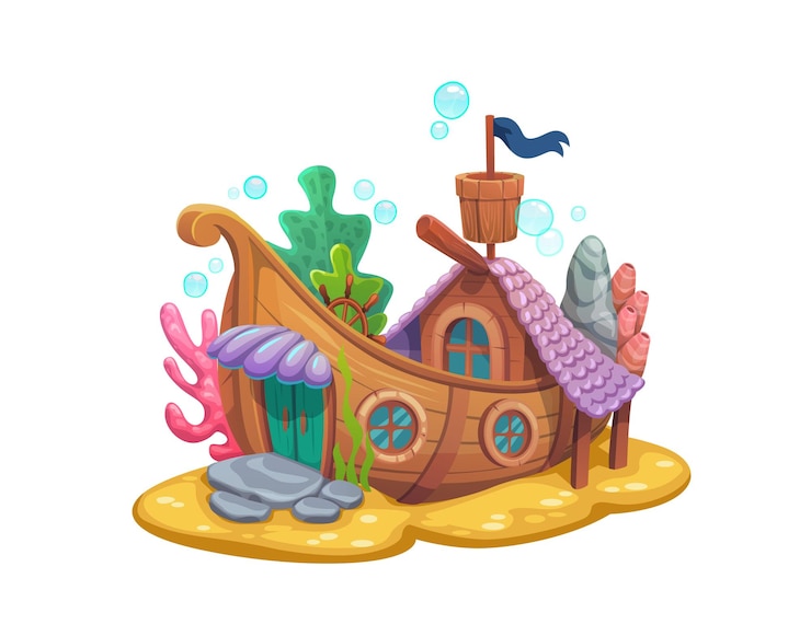 Vector underwater wooden sail ship house sea building