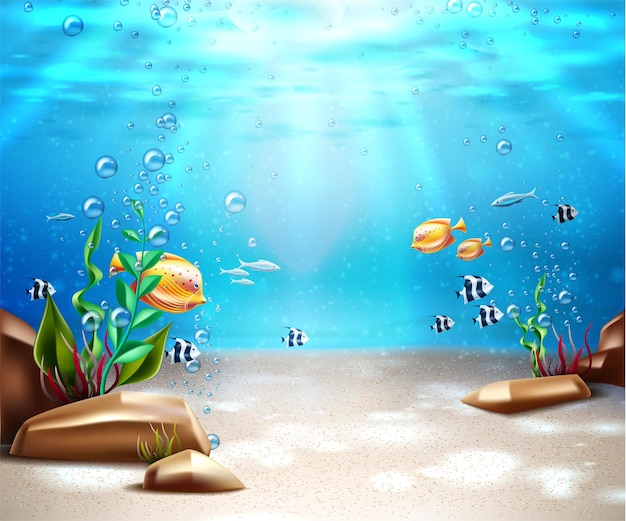 Vector underwater world background ocean and sea bottom life with blue water sunray exotic fish bubbles