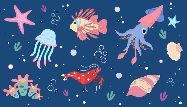 Underwater world background with oceanic animals illustration with squid shrimp coral and fishes