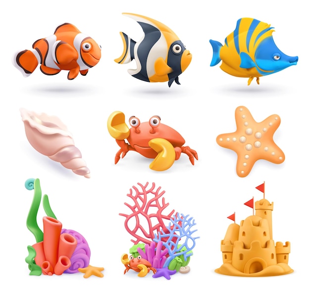 Vector underwater world cartoon 3d set