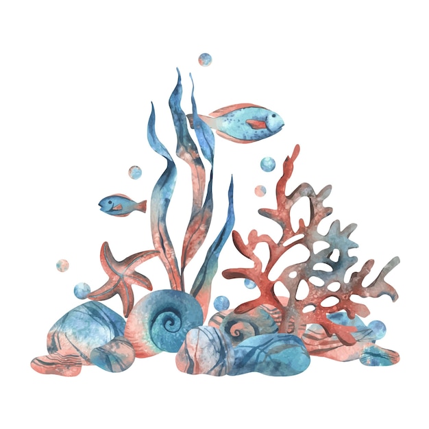 Подводный мир клипарт с морскими животными рыбами раковинами кораллами и водорослями ручной акварель