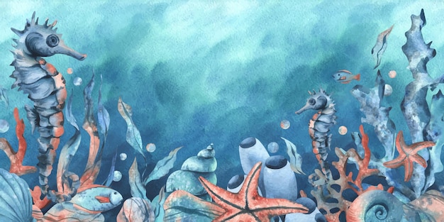 Подводный мир скалы с морскими животными киты черепахи осьминоги морские коньки морские звезды раковины кораллы и