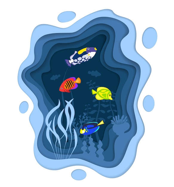 Underwater world design with coral reef fishes in paper cut style. Exotic aquarium . Deep blue marine life, diving business. Ocean underwater wildlife. Caribbean aquatic coral fauna