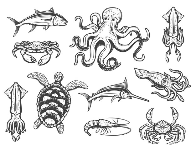 Vector underwater world icons animals and fishes