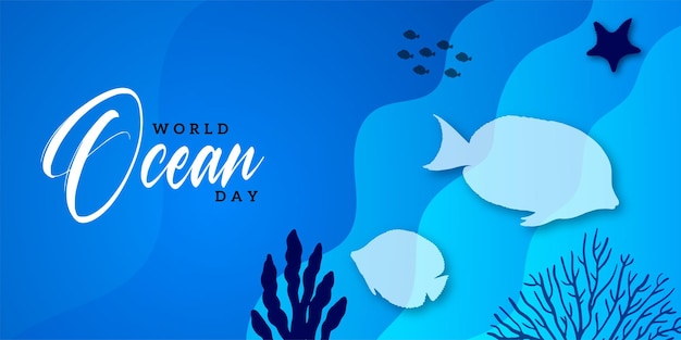 水中世界海洋デーイラスト背景ベクトルバナー青いテーマ海洋生物無料ベクトル