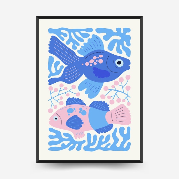 水中の世界、海、海、魚、貝殻のポスター テンプレート。マティス ミニマル スタイル