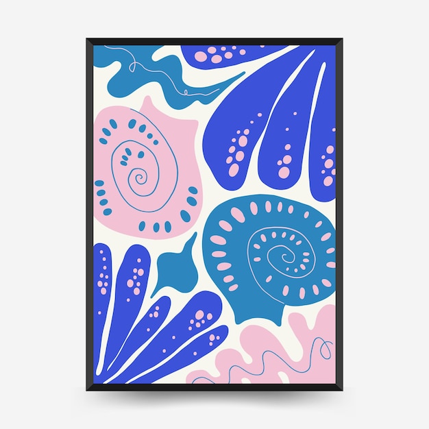 Vettore modello di poster mondo sottomarino, oceano, mare, pesce e conchiglie. stile minimale matisse