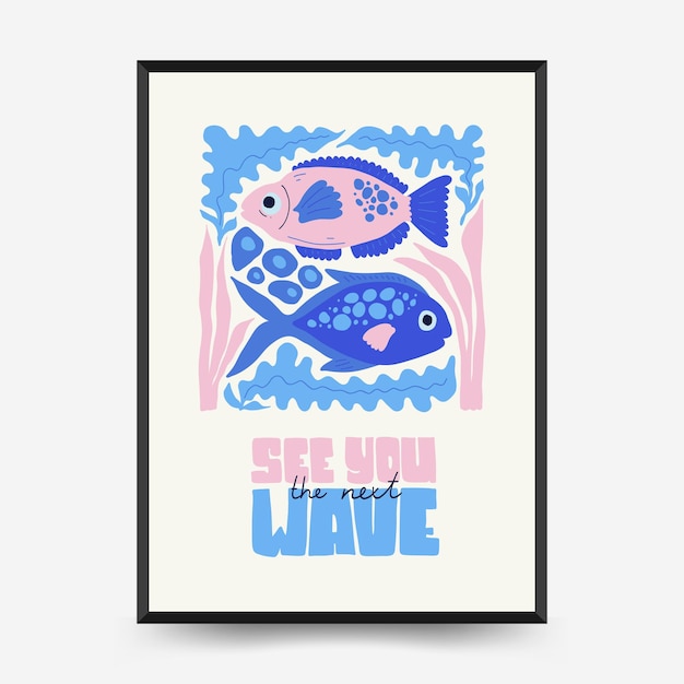 수중 세계, 바다, 바다, 물고기 및 조개 포스터 템플릿. 마티스 미니멀 스타일