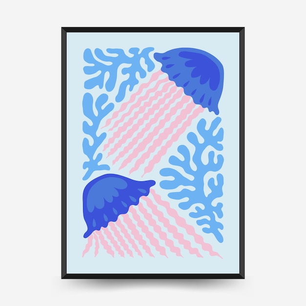 Underwater world, ocean, sea, fish and shells poster template. Matisse minimal style