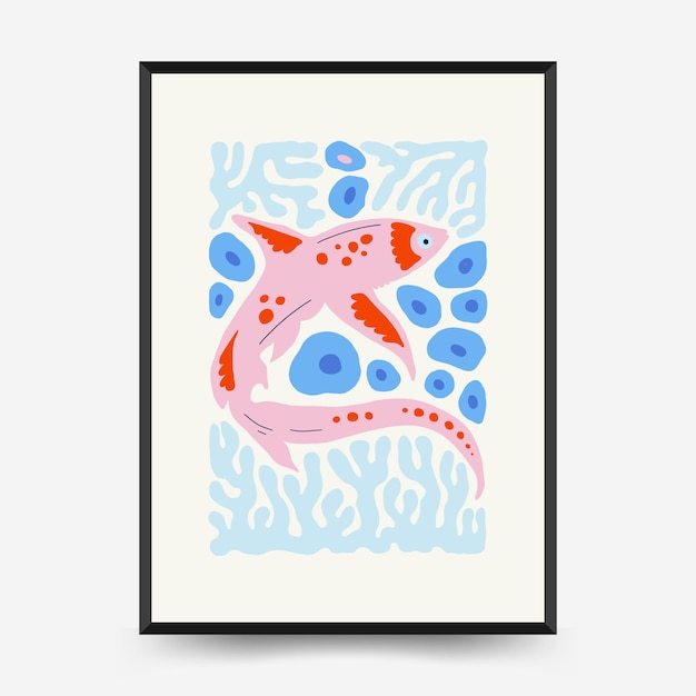 Underwater world, ocean, sea, fish and shells poster template. Matisse minimal style