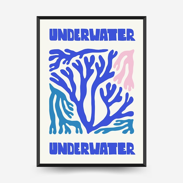 Underwater world, ocean, sea, fish and shells poster template. Matisse minimal style