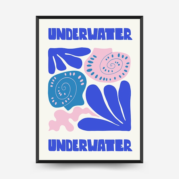 Underwater world, ocean, sea, fish and shells poster template. Matisse minimal style