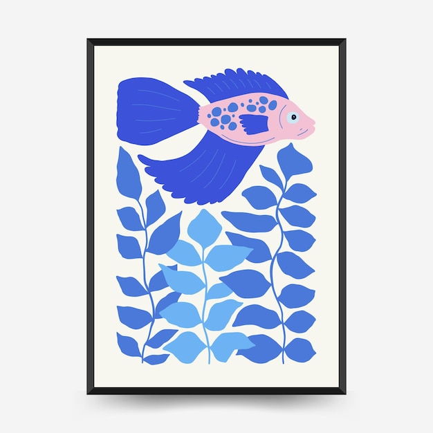 Modello di poster mondo sottomarino, oceano, mare, pesce e conchiglie. stile minimale matisse