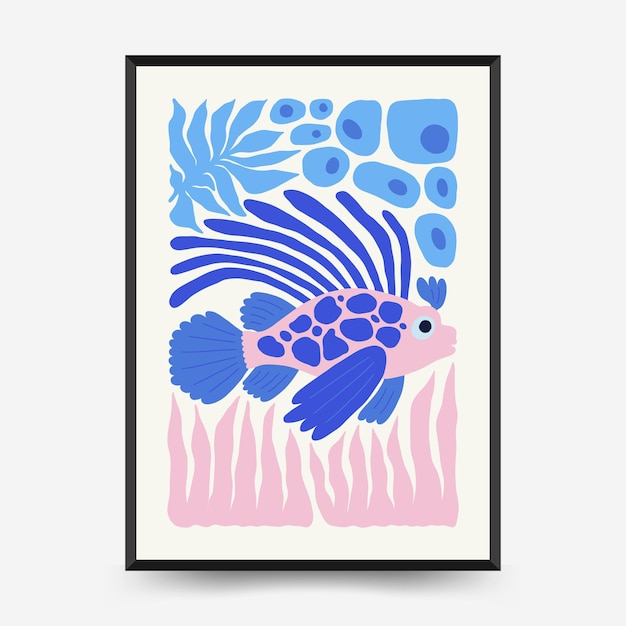 Vettore modello di poster mondo sottomarino, oceano, mare, pesce e conchiglie. stile minimale matisse