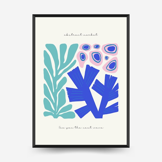 Underwater world, ocean, sea, fish and shells poster template. Matisse minimal style